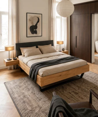 Lit Elya – Chêne massif et design industriel moderne